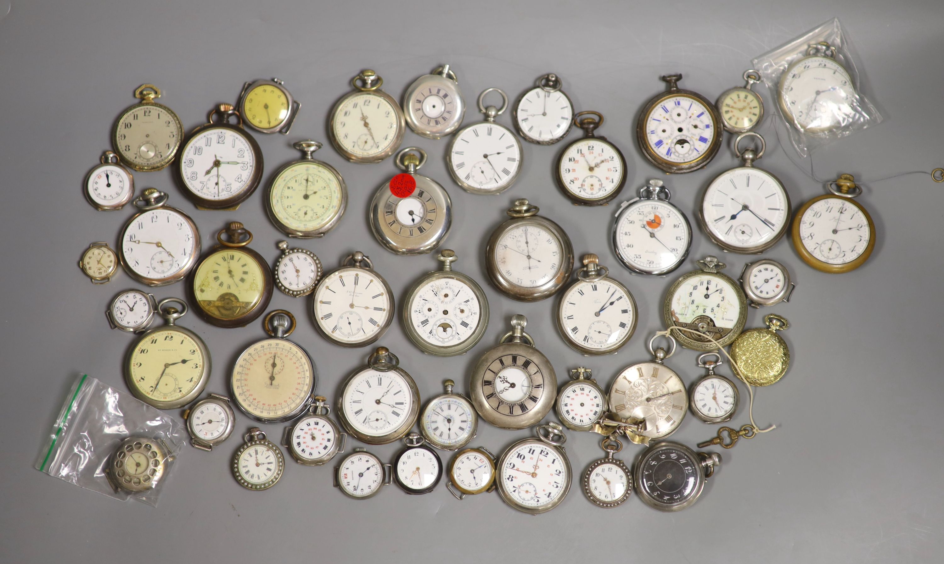 A quantity of assorted pocket, wrist and fob watches including Longines and Zenith, mainly based metal but includes silver and white metal.